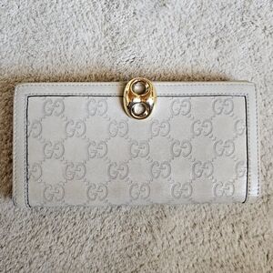 Gucci Ivory Embossed Leather Long Wallet Gold Bamboo Hardware